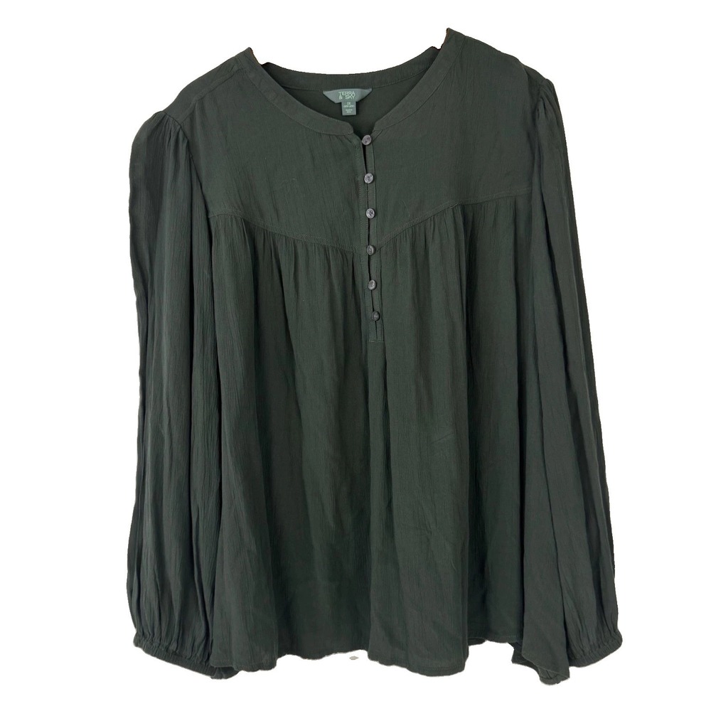 NWT Terra & Sky Peasant Blouse Women 2X Green Dark Aloe Henley Boho Flowy Top